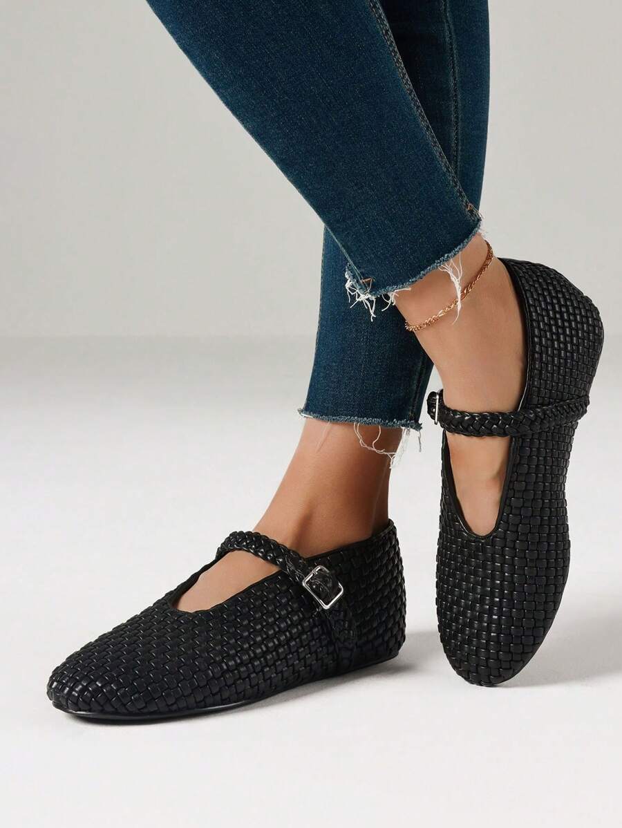 Elevate your everyday footwear with these refined woven ballet flats, designed for the discerning woman who values both style and comfort. The signature buckle strap detail adds a polished Mary Jane aesthetic, while the soft woven upper provides breathable wear throughout the day. Crafted with a cushioned insole and flexible sole, these ballerina-inspired flats transition seamlessly from casual outings to relaxed office settings. The timeless silhouette pairs effortlessly with dresses, jeans, or trousers, m