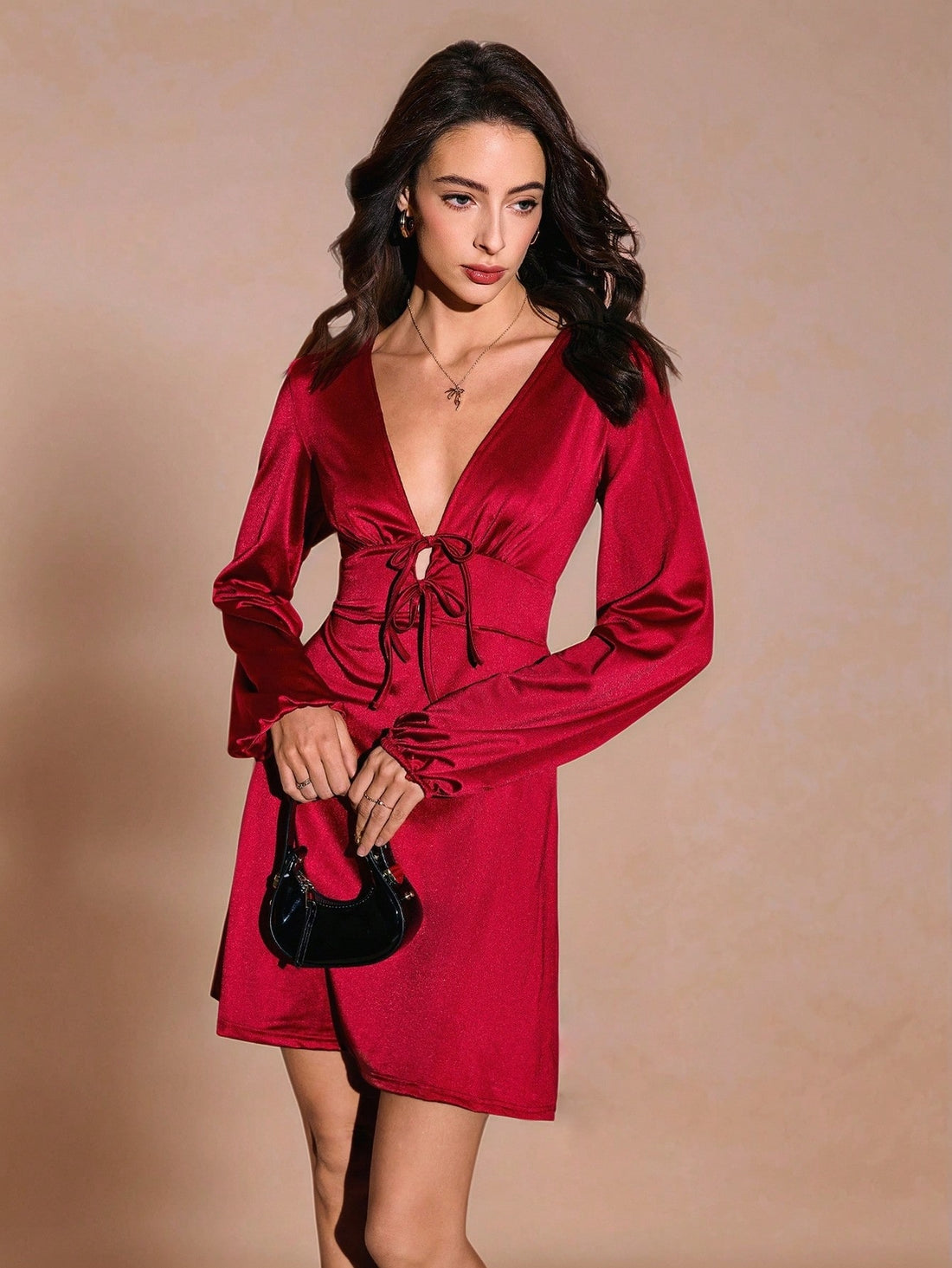Get ready to turn heads with Chic Elegance: Women's Deep V-Neck Long Sleeve Burgundy Dress - the perfect pick for Valentine's Day! With its alluring deep V-neck and elegant long sleeves, this dress exudes confidence and sophistication. Elevate your style game and make a statement with this chic and trendy outfit.