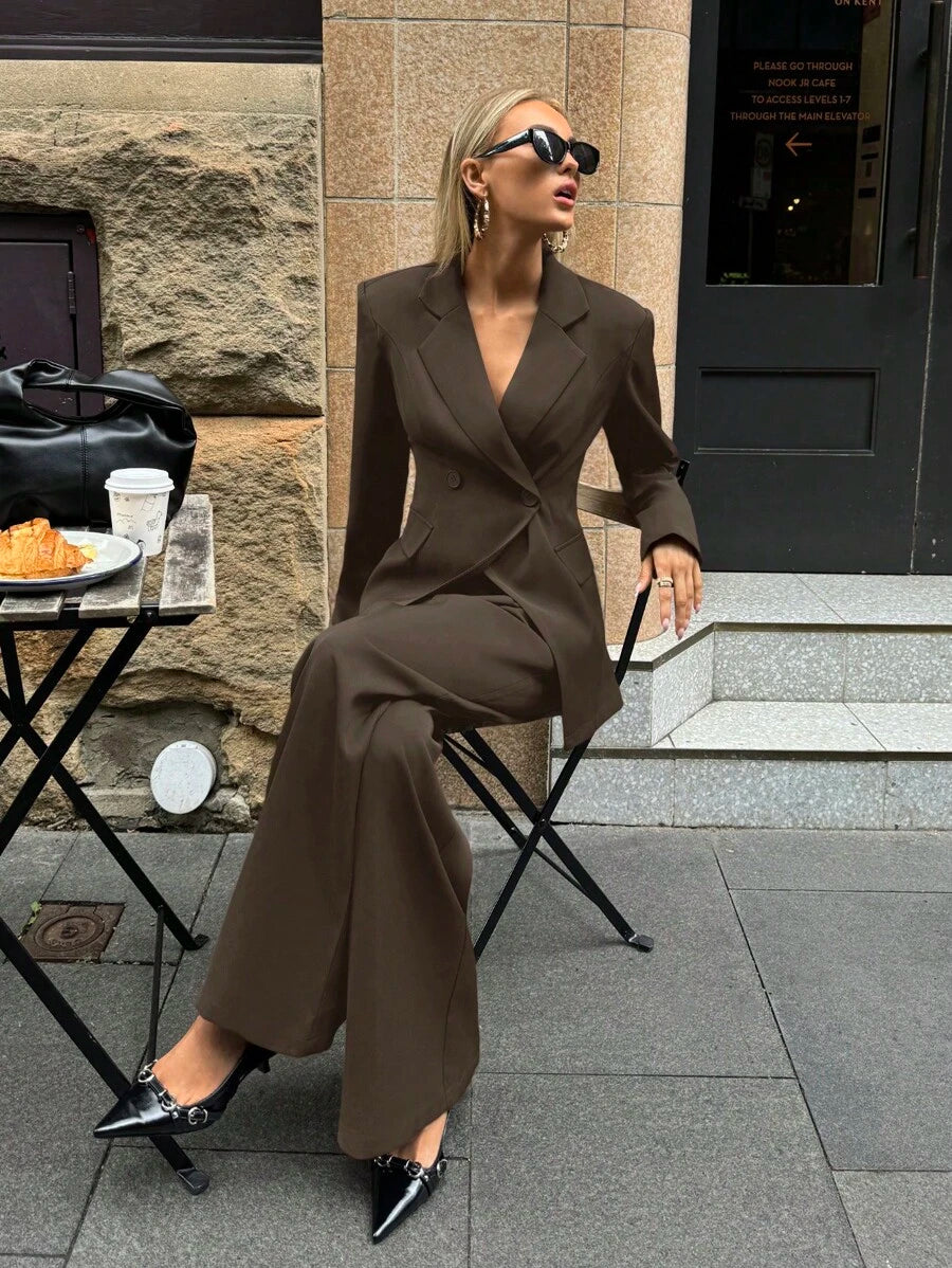 Black notched collar blazer pants suit set front view