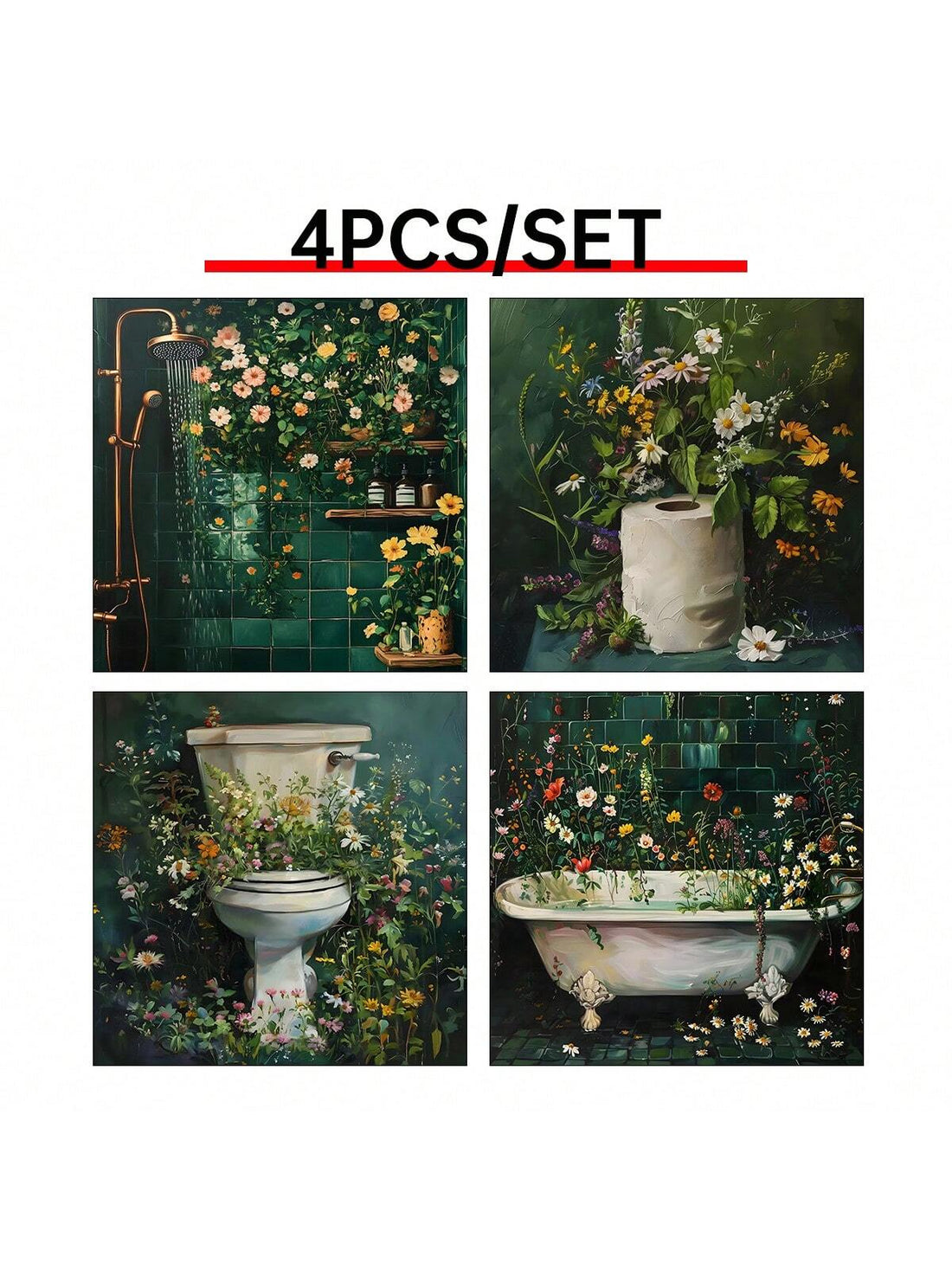 Add a splash of nature’s charm to your bathroom with this Elegant Botanical Bathtub Wall Art Set. Featuring four delightful floral prints, these vintage-inspired pieces bring a fresh, playful vibe to your space. Perfect for creating a cozy, expressive bathroom atmosphere, each print captures the beauty of delicate blooms that inspire relaxation and joy during your bath time. Transform your bath area into a blooming retreat with this lovely art set.