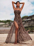18 media show strapless maxi beach dress with bandeau neckline, bodycon drop waist, high slit, flowing sheer gathered skirt, variants orange floral, butter yellow, chocolate, burgundy, leopard, pink mixed print. image 13
