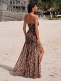 18 media show strapless maxi beach dress with bandeau neckline, bodycon drop waist, high slit, flowing sheer gathered skirt, variants orange floral, butter yellow, chocolate, burgundy, leopard, pink mixed print. image 14