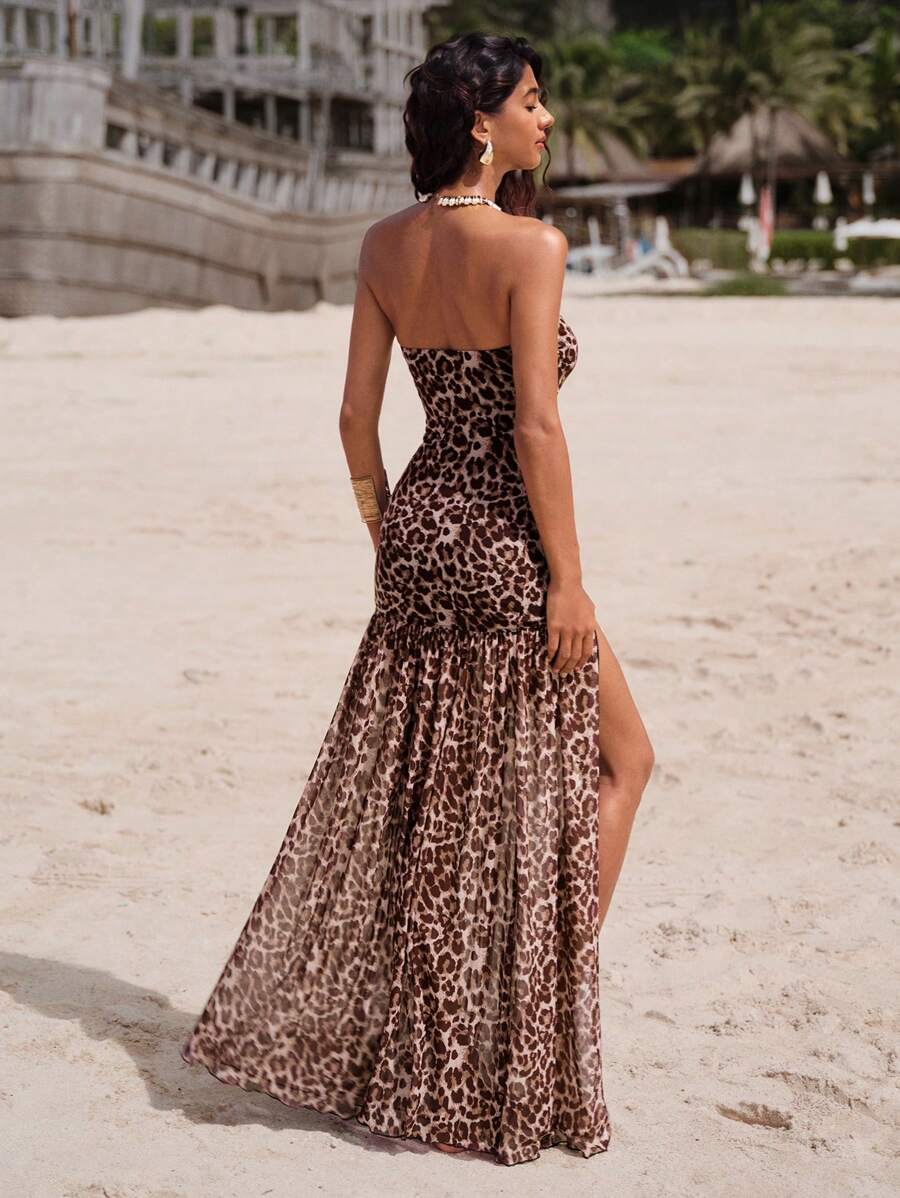 18 media show strapless maxi beach dress with bandeau neckline, bodycon drop waist, high slit, flowing sheer gathered skirt, variants orange floral, butter yellow, chocolate, burgundy, leopard, pink mixed print. image 14