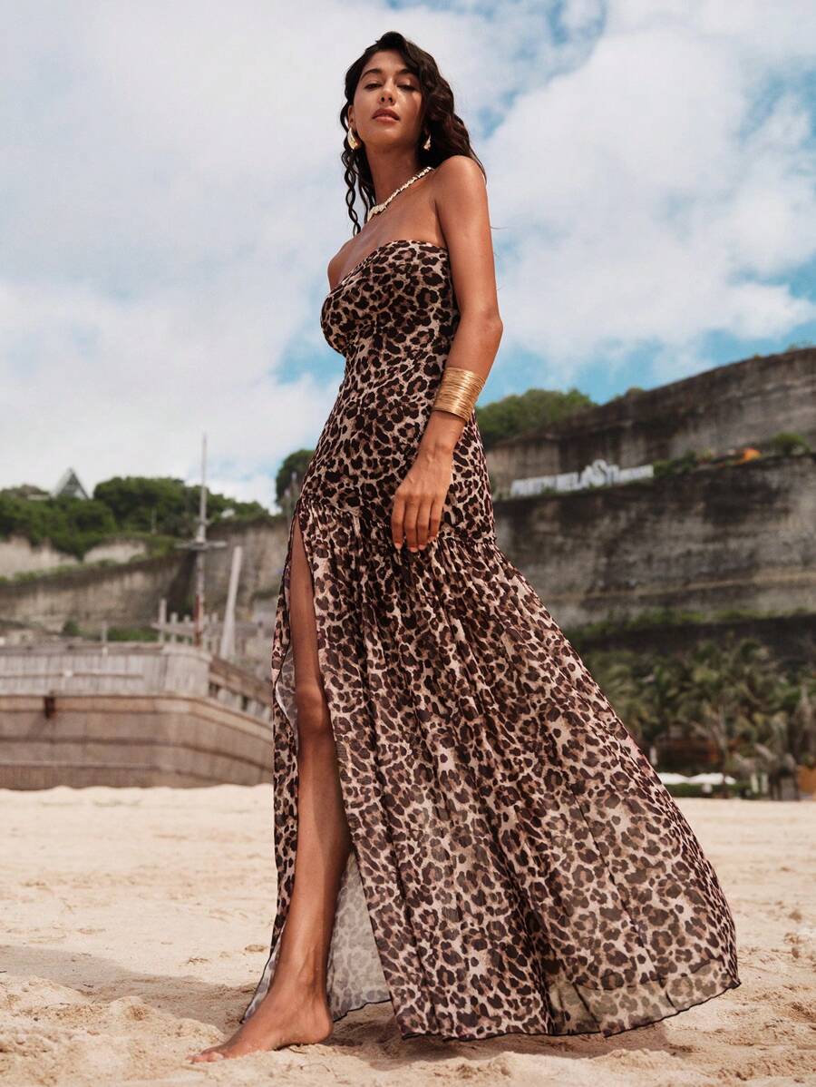 18 media show strapless maxi beach dress with bandeau neckline, bodycon drop waist, high slit, flowing sheer gathered skirt, variants orange floral, butter yellow, chocolate, burgundy, leopard, pink mixed print. image 15