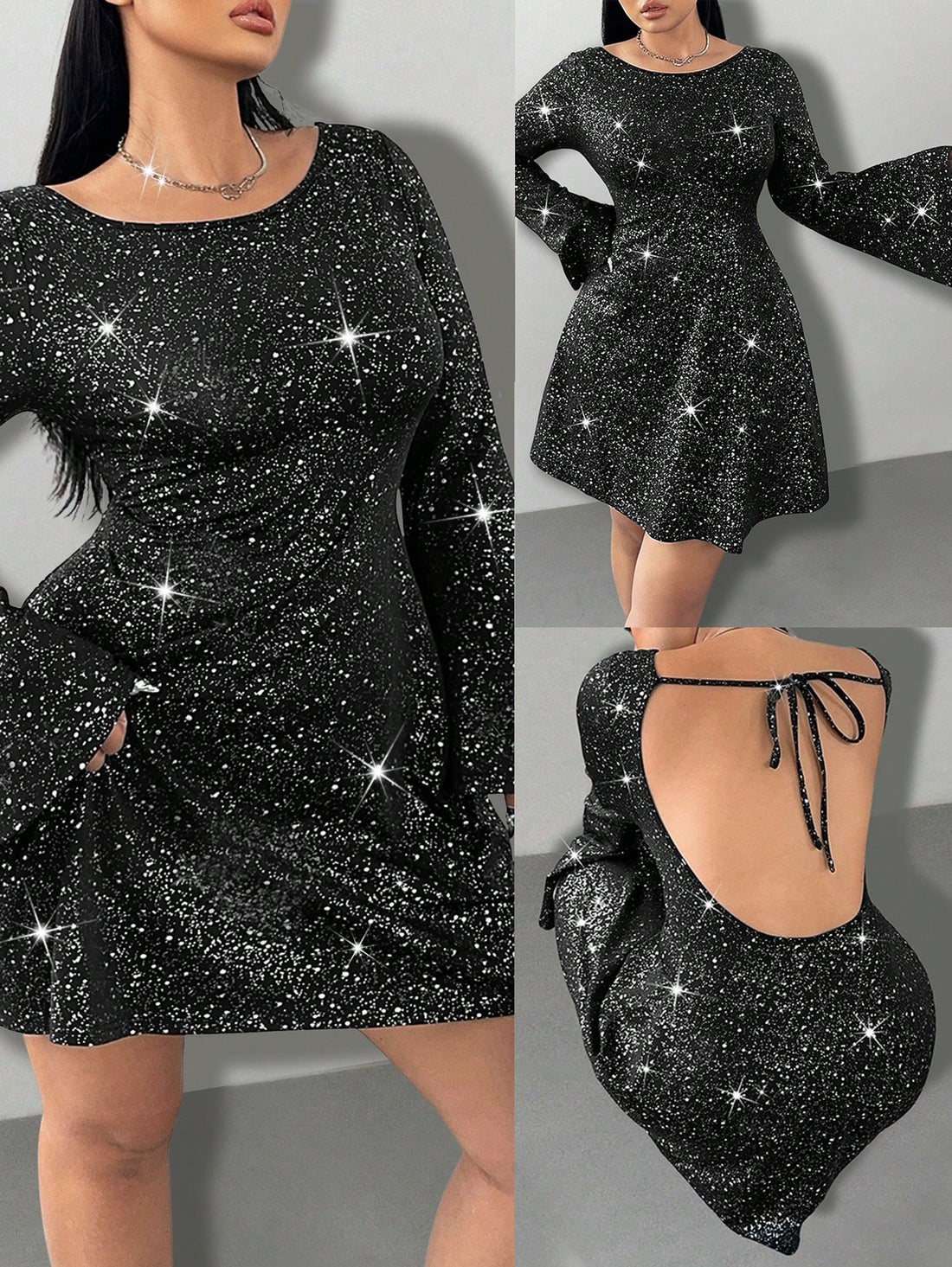 Sparkle and shine in this Plus Size Floral Metallic Print Dress! The long sleeves add warmth, while the backless design brings a touch of sexiness. The mini length and knit fabric make it perfect for parties. Celebrate your curves with this dress!