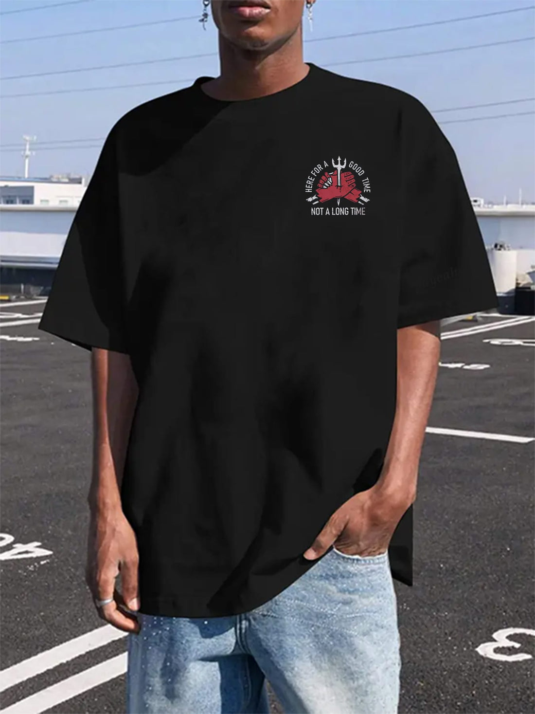 This playful tee is perfect for the guy who knows how to live in the moment. Made with soft fabric for ultimate comfort, it features a bold graphic that declares, "Here For A Good Time, Not A Long Time." Embrace your free-spirited side with this quirky and fun shirt.