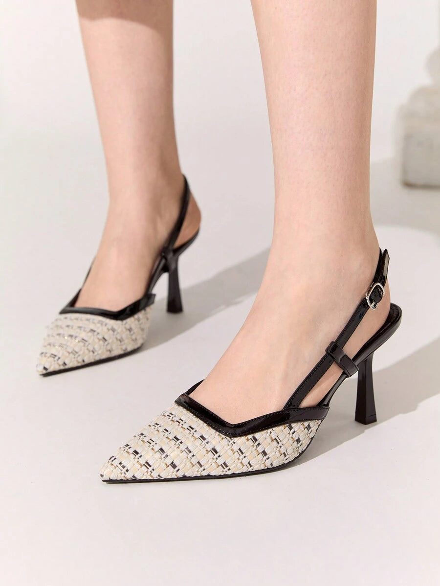 Step out in style with these Chic Woven Color Block Pointed Toe High Heels. Their playful color block design and elegant pointed toe add a fun twist to any romantic outing. The backless silhouette keeps things flirty and fresh, making these heels the perfect match for your dressiest moments. Comfortable enough to dance the night away, they bring a pop of personality to your look with every step.