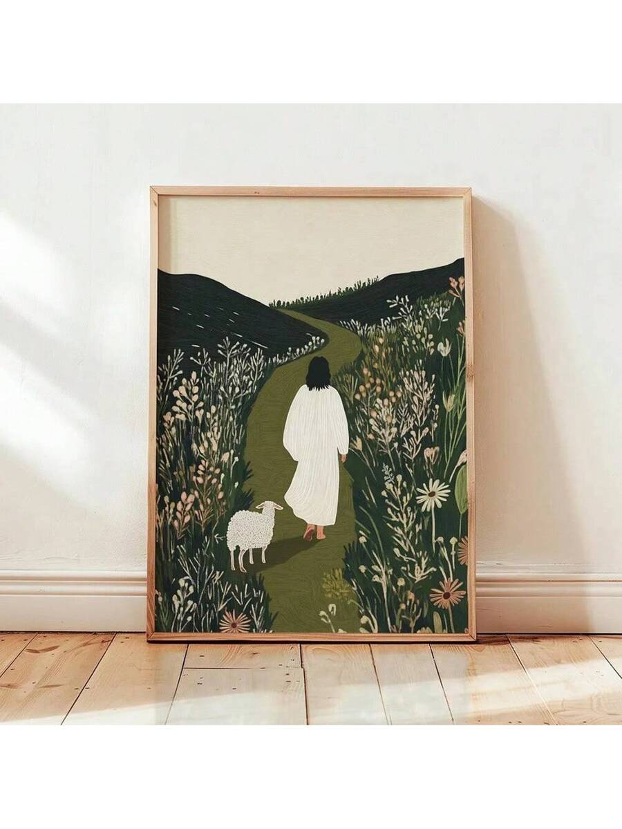 Good Shepherd canvas wall art with a robed figure and white sheep on a green path