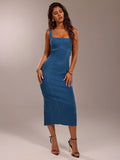 Medium blue denim square neck fitted midi dress front view