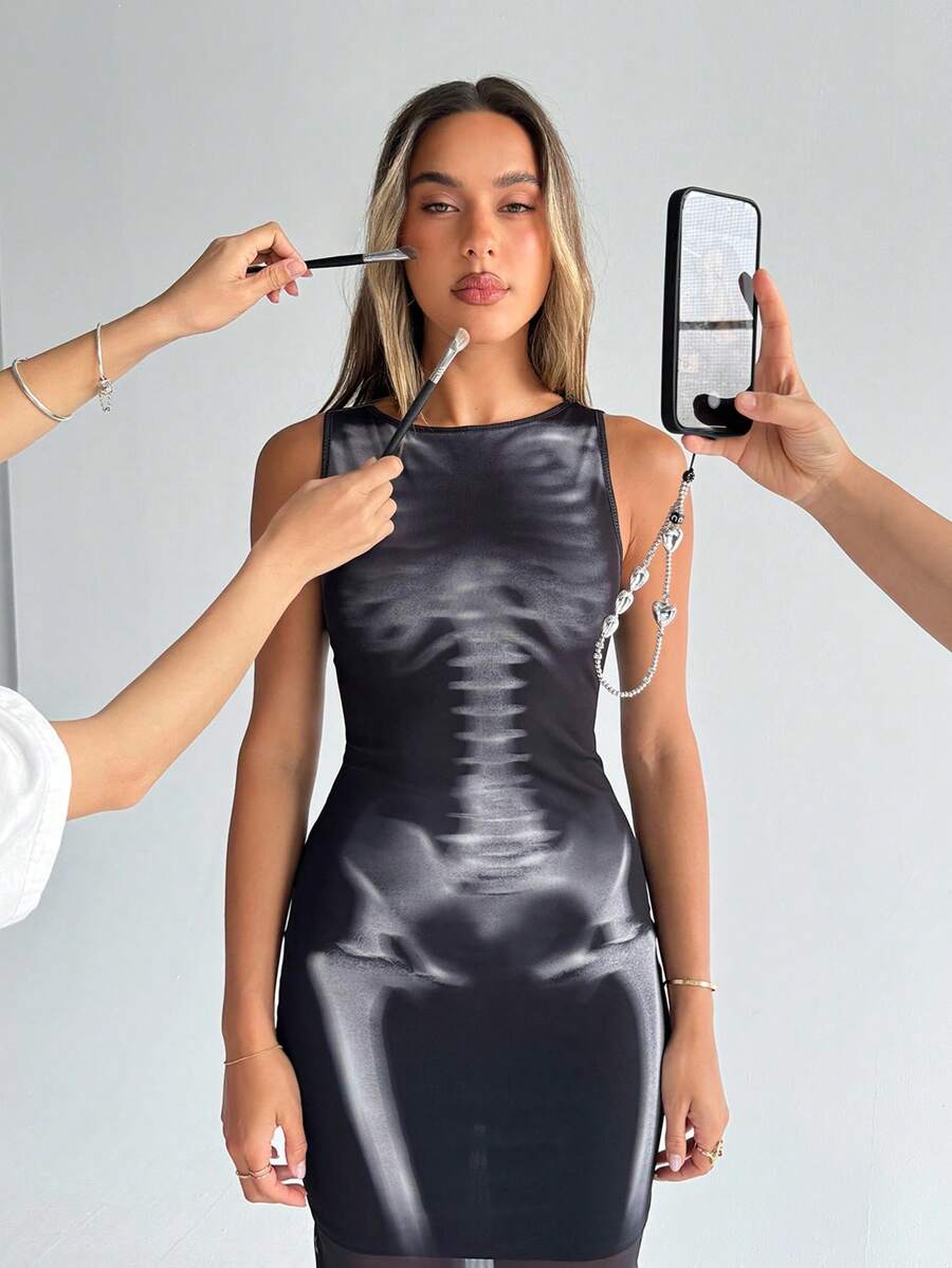 Front view of black glossy sleeveless bodycon mini dress with high round neckline