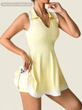 white yellow polo pleated golf tennis mini dress with liner shorts, pockets, racerback and contrast trim image 3
