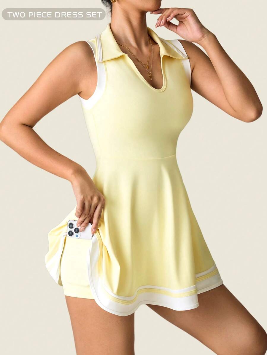 white yellow polo pleated golf tennis mini dress with liner shorts, pockets, racerback and contrast trim image 3