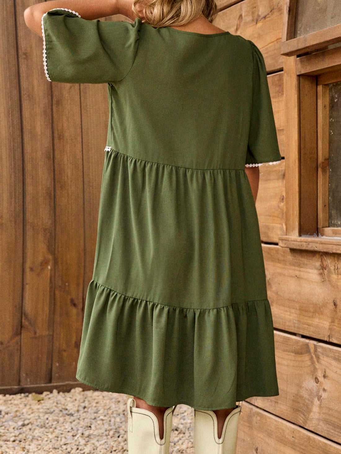 Effortlessly elevate your spring and summer style with our Women's V-Neck Contrast Lace A-Line Dress. The intricate lace details and flattering A-line silhouette exude effortless elegance. Perfect for any occasion, this dress is a must-have for your wardrobe.