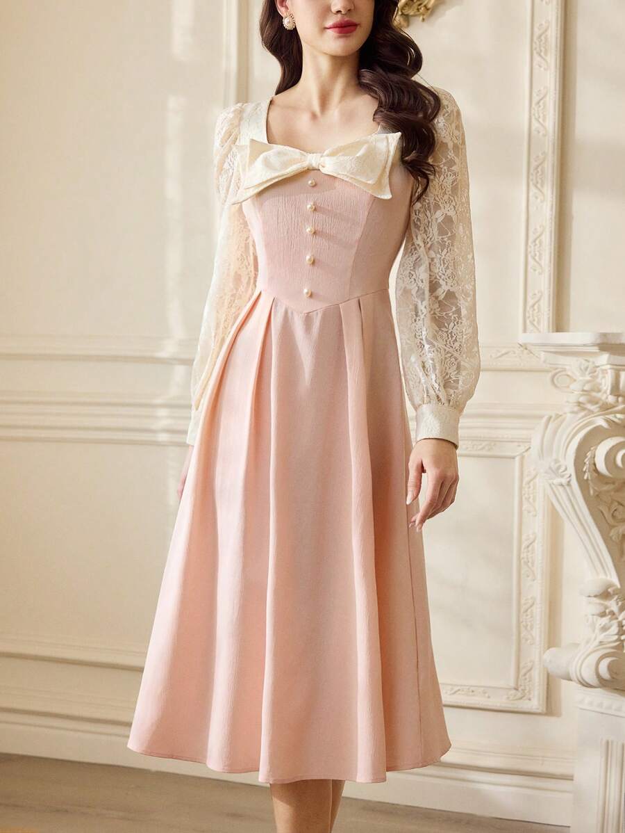 Unleash your timeless style with this Elegant Vintage Retro Party Dress. Featuring delicate lace and a charming bow detail, this dress is sure to make a statement at any party. Embrace your inner fashionista and turn heads in this vintage-inspired piece. Now that's dressing with a touch of retro flair!