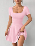 square neck short sleeve skater mini dress with built-in shorts, phone pocket, flared skirt and stretch knit fabric image 1