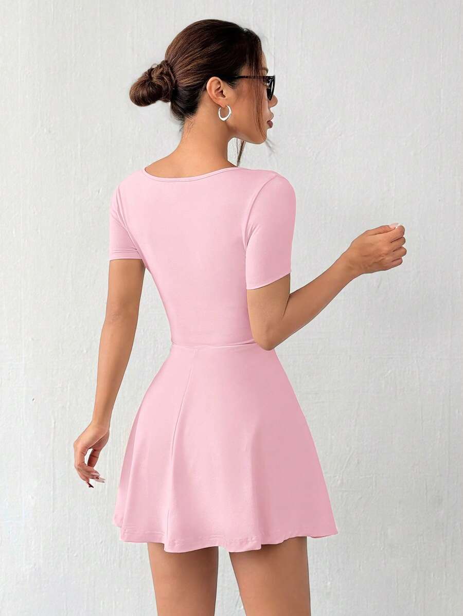 square neck short sleeve skater mini dress with built-in shorts, phone pocket, flared skirt and stretch knit fabric image 2