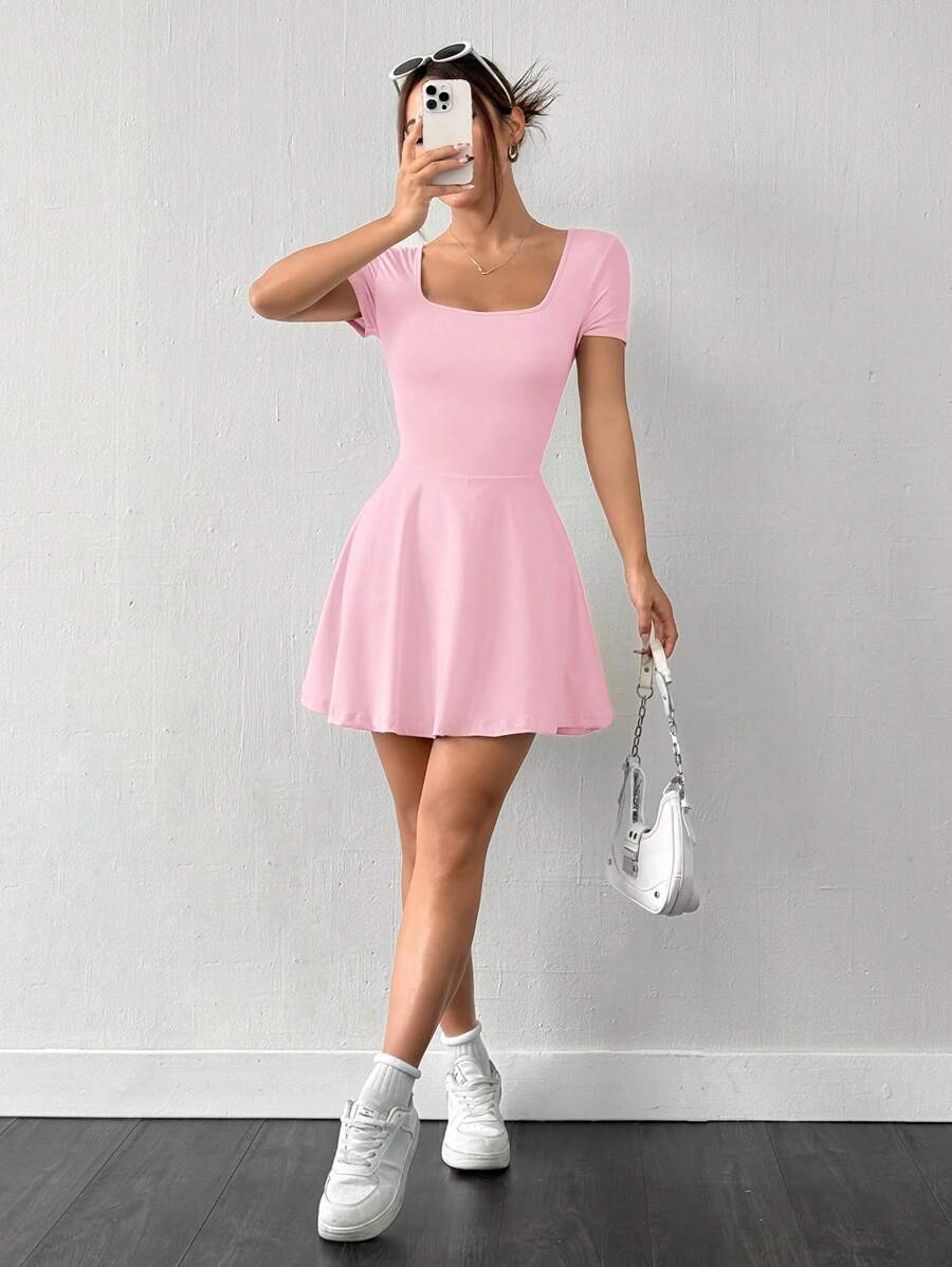 square neck short sleeve skater mini dress with built-in shorts, phone pocket, flared skirt and stretch knit fabric image 4