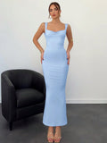 Light blue backless bow maxi dress front view