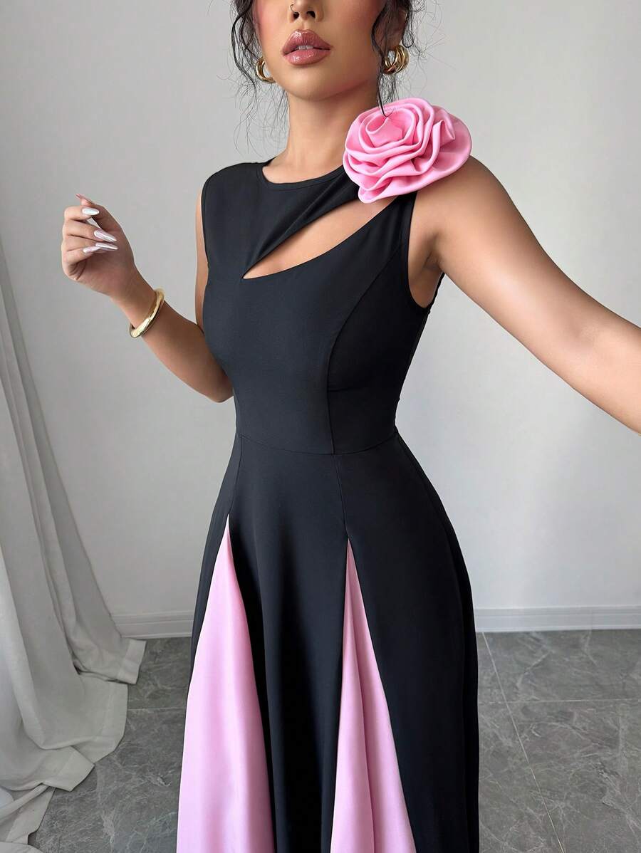 Elevate your wardrobe with this stunning dual-tone cutout floral dress. The high-low hemline creates a flattering silhouette while delicate cutout details add modern sophistication. Vibrant floral patterns blend beautifully across contrasting tones, making it perfect for weddings, date nights, or upscale casual events. The flowing design offers comfort without compromising elegance, ensuring you look polished from day to evening. A versatile piece that transitions seamlessly through any occasion.