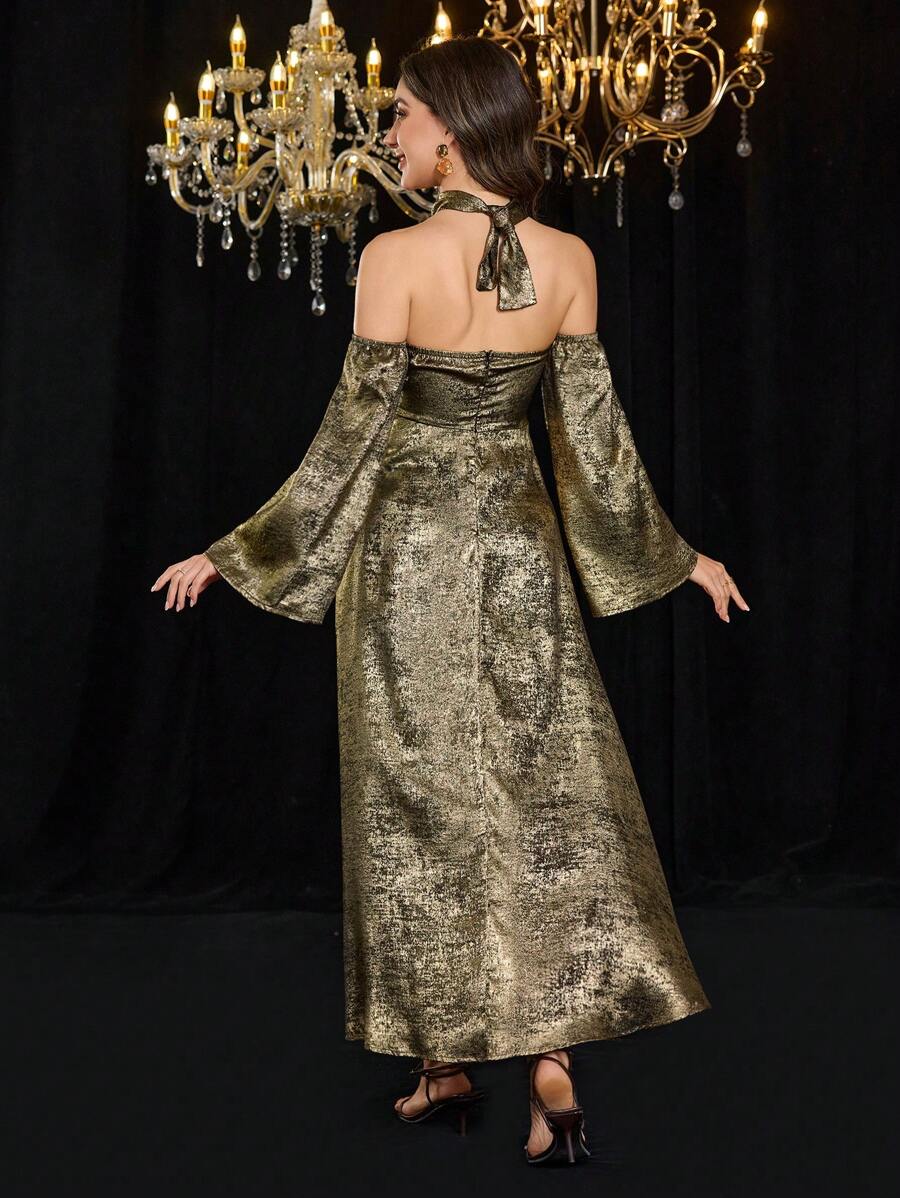 Step out in style with this Elegant Women's Long Glossy Fit and Flare Dress. Featuring a crossover V-neck that beautifully frames your neckline, this dress hugs your curves and flares out for a flattering silhouette. The glossy finish adds a touch of sparkle, making it perfect for dancing the night away or turning heads at any event. Feel confident, chic, and ready to shine!