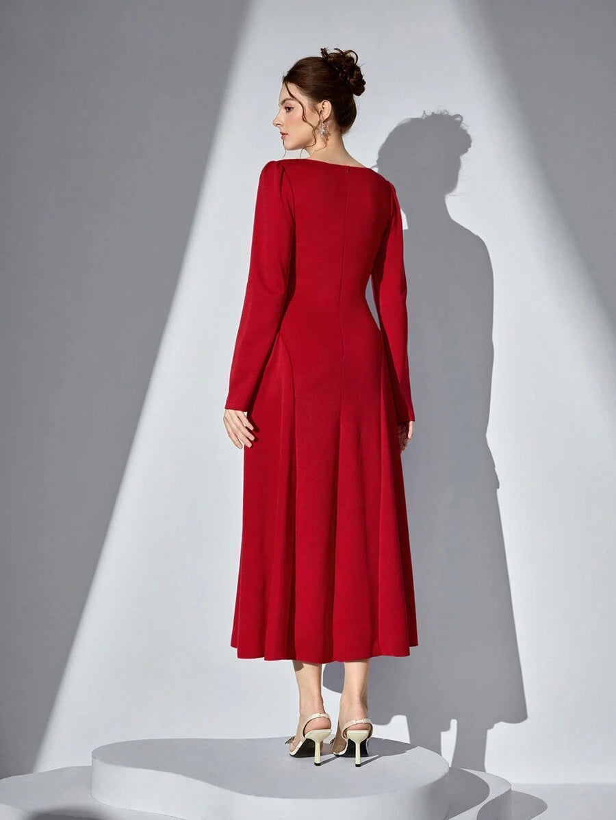 Elevate your evening wardrobe with this sophisticated square neck dress, designed for the modern woman who appreciates refined elegance. The structured puff sleeves add dimensional interest while the pleated skirt creates graceful movement and flattering silhouette. Perfect for cocktail events, dinner parties, or upscale gatherings, this piece balances contemporary style with timeless appeal. The square neckline frames the shoulders beautifully, while premium construction ensures lasting quality and comfort