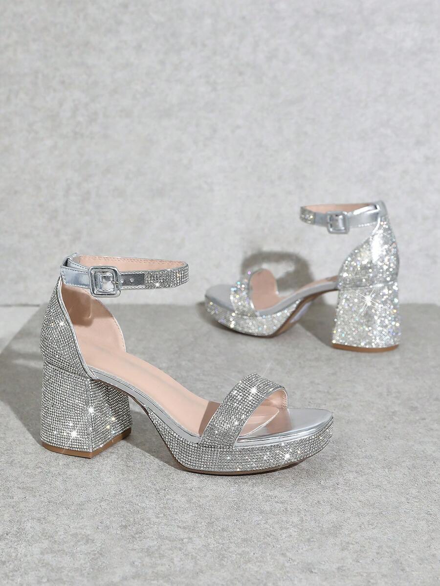 Champagne rhinestone open toe platform block heel sandals image 13