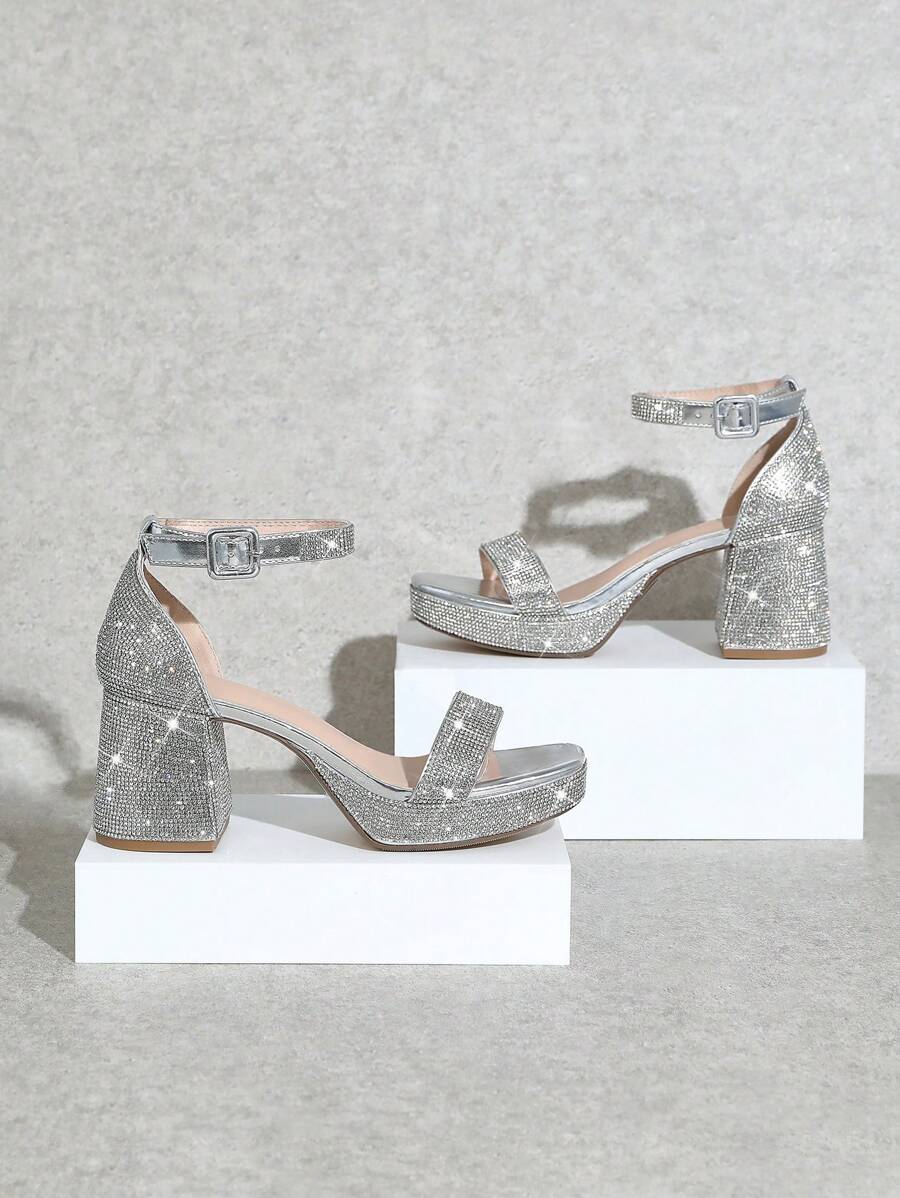 Silver rhinestone ankle strap platform sandals side view image 16