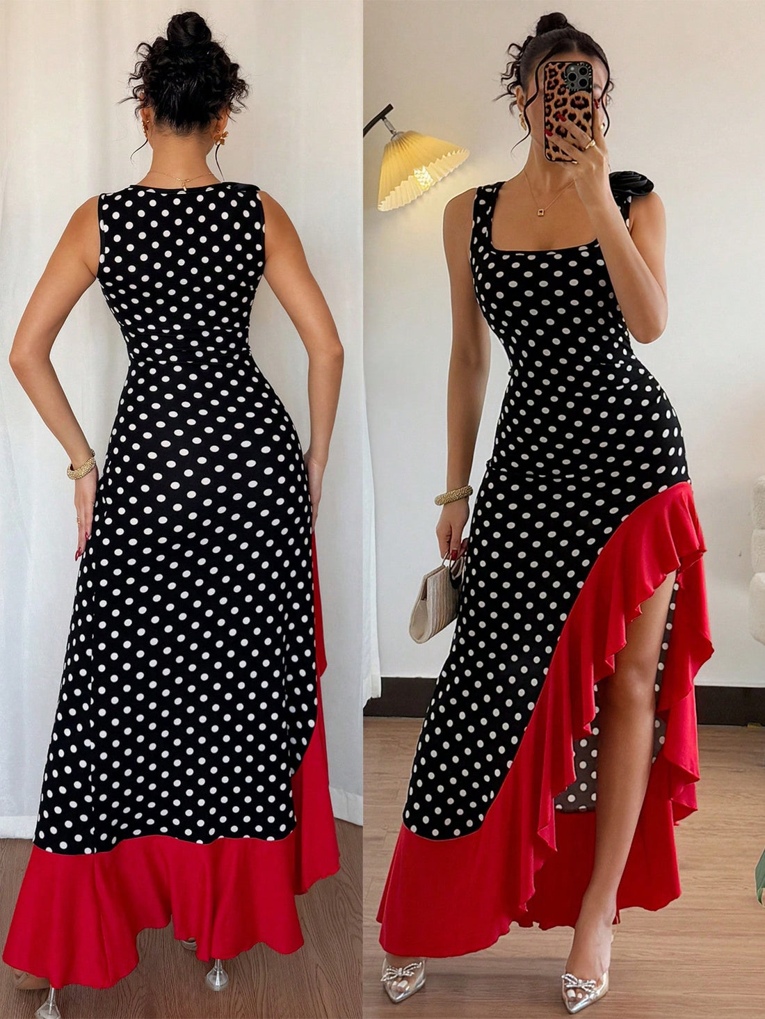 Get ready to turn heads in this trendy and sophisticated Elegant 3D Floral & Polka Dot Asymmetrical Dress. The delicate 3D floral and playful polka dot patterns combine for a fun, yet chic look, while the ruffle trim and high slit add a touch of elegance. Perfect for any occasion, this dress will make you stand out in the most stylish way possible!