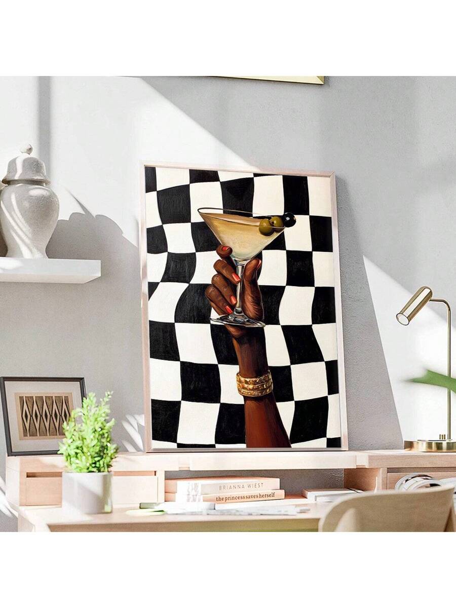 Martini cocktail wall art in slim cream gold frame