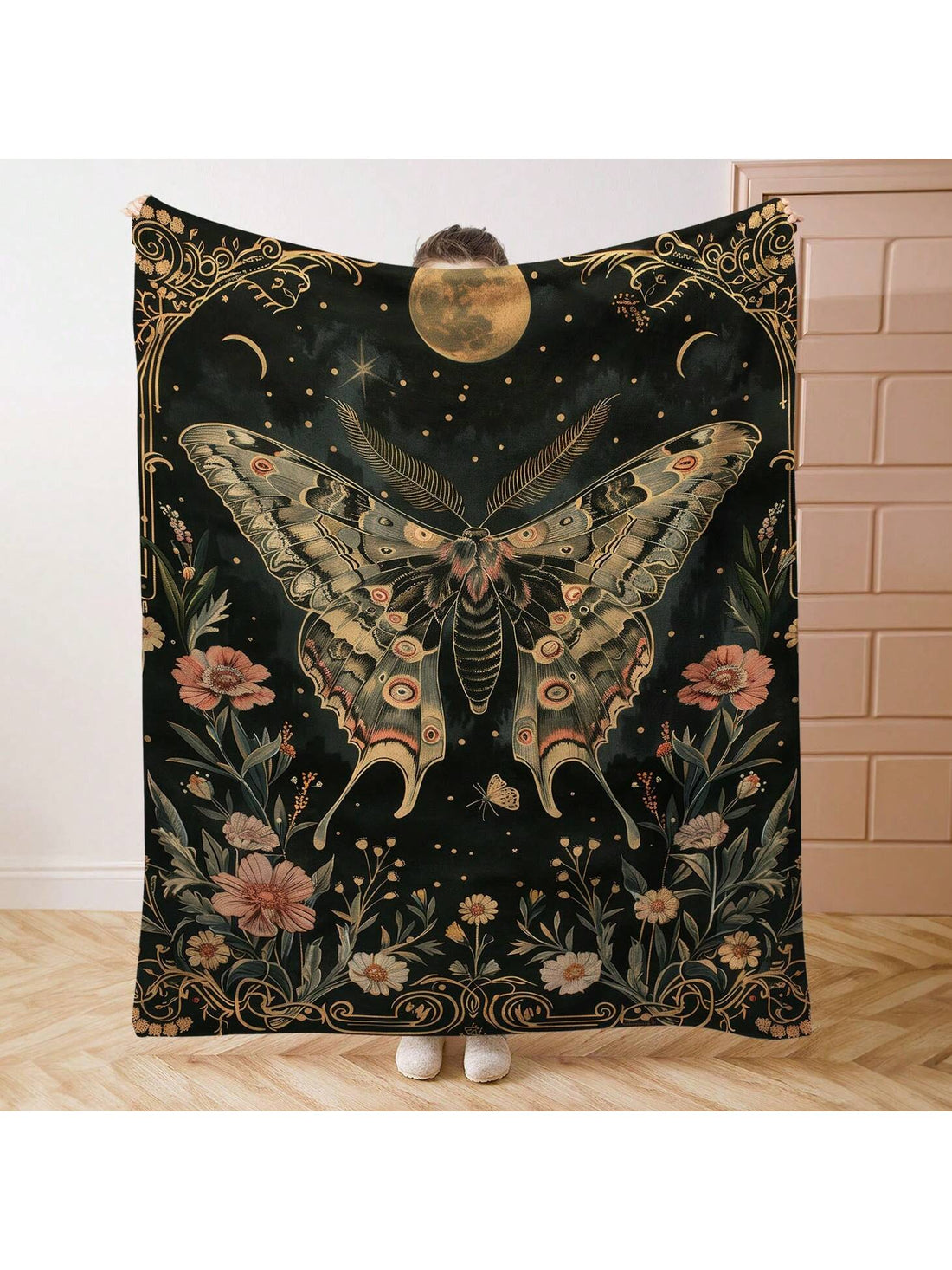 Wrap yourself in whimsy with the Celestial Moon Moth Floral Flannel Blanket! This soft, cozy throw brings a touch of magic to your bed, sofa, or camping spot. Its charming moon moth and floral design adds a playful vibe while keeping you warm and snug. Perfect for chilly nights or lazy afternoons, this blanket turns any space into a cozy retreat filled with celestial charm.