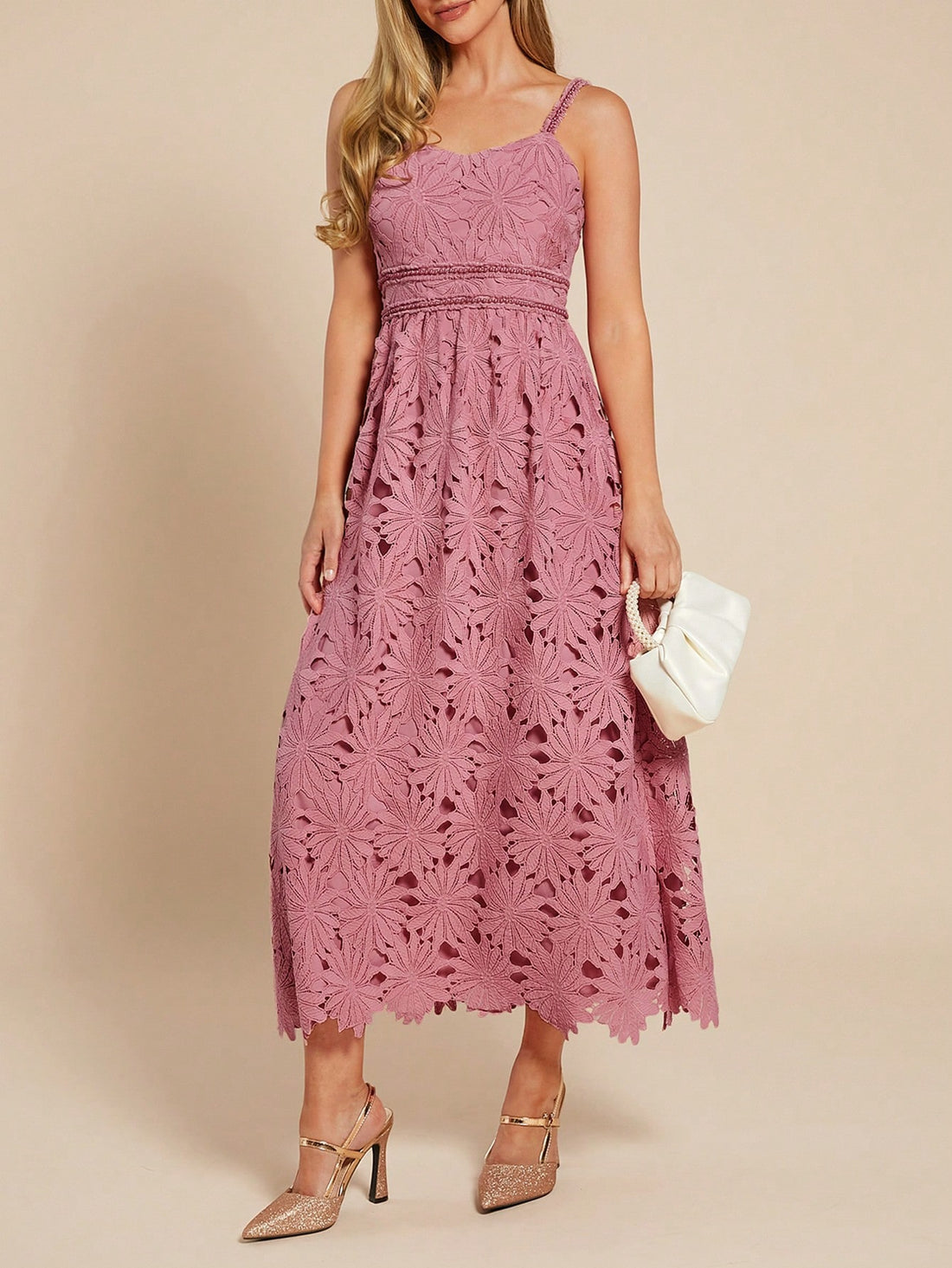 Float into any event with grace in this women's light pink satin midi dress, sprinkled with delicate floral patterns. Its A-line silhouette adds a flirty twirl to your step, perfect for those moments when elegance meets a playful vibe. Feel romantic and radiant wherever you go!