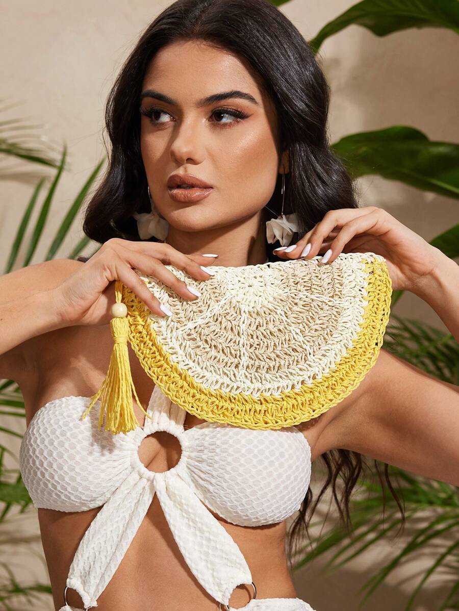 Top handle view of lightweight straw bag for sunny outings