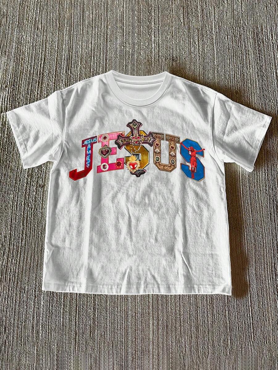 Front view of white women’s Jesus graphic T-shirt with multicolor religious lettering