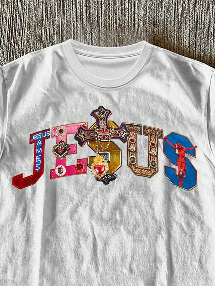 Close-up of white Jesus graphic T-shirt showing crew neckline and ornate chest artwork