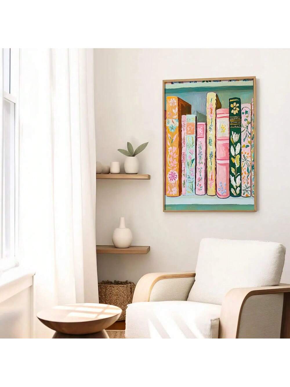 Add a splash of color and charm to your space with this Vibrant Book Stack Canvas Print. Perfect for book lovers and style seekers alike, this minimalist wall art brings a lively yet sleek touch to any home or study. Brighten your room with its playful design that inspires creativity and invites cozy reading moments.