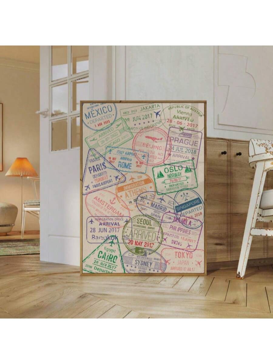 Bring a dash of wanderlust to your space with this Retro Passport Stamps Wall Art. Featuring a playful collection of vintage travel stamps, this canvas print turns any bedroom or living room into an adventurous getaway. Perfect for dreamers and globe-trotters, it adds unique character and a fun, nostalgic vibe to your decor. Let your walls tell stories of far-off places and inspire your next journey!