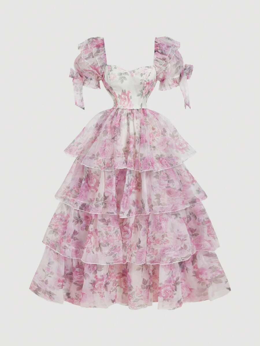 Ivory pale pink floral puff-sleeve tiered organza dress