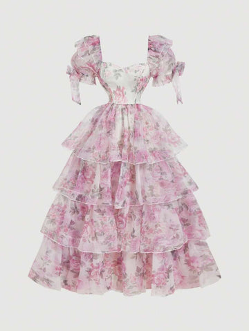 Ivory pale pink floral puff-sleeve tiered organza dress