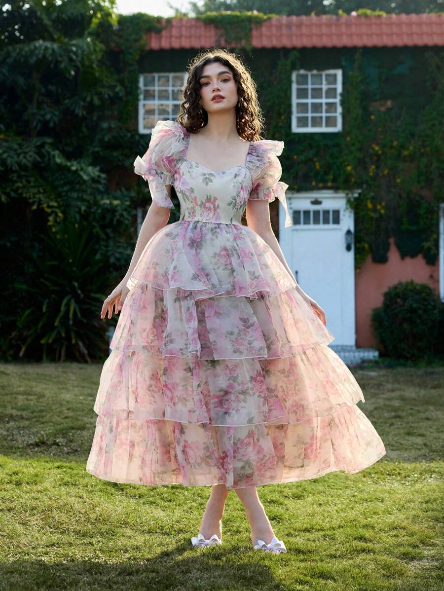 Ivory pale pink floral puff-sleeve tiered organza dress