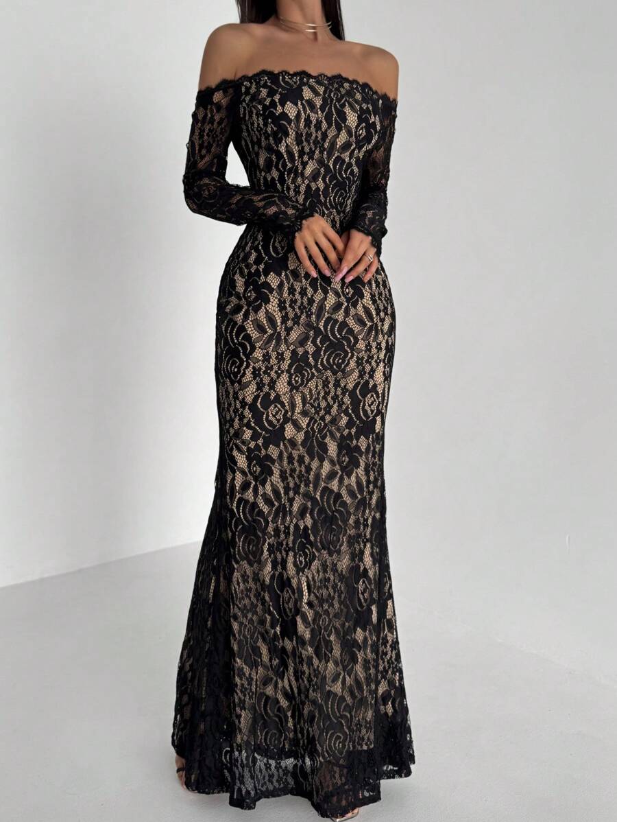 Turn heads at your next event in this stunning off-shoulder mermaid dress that's pure sophistication with a flirty twist. The delicate lace detailing hugs your curves beautifully while the elegant neckline frames your shoulders perfectly. Whether you're hitting a cocktail party or planning an unforgettable date night, this bodycon silhouette delivers that show-stopping moment you've been waiting for. Slip into elegance and let your confidence do the talking.