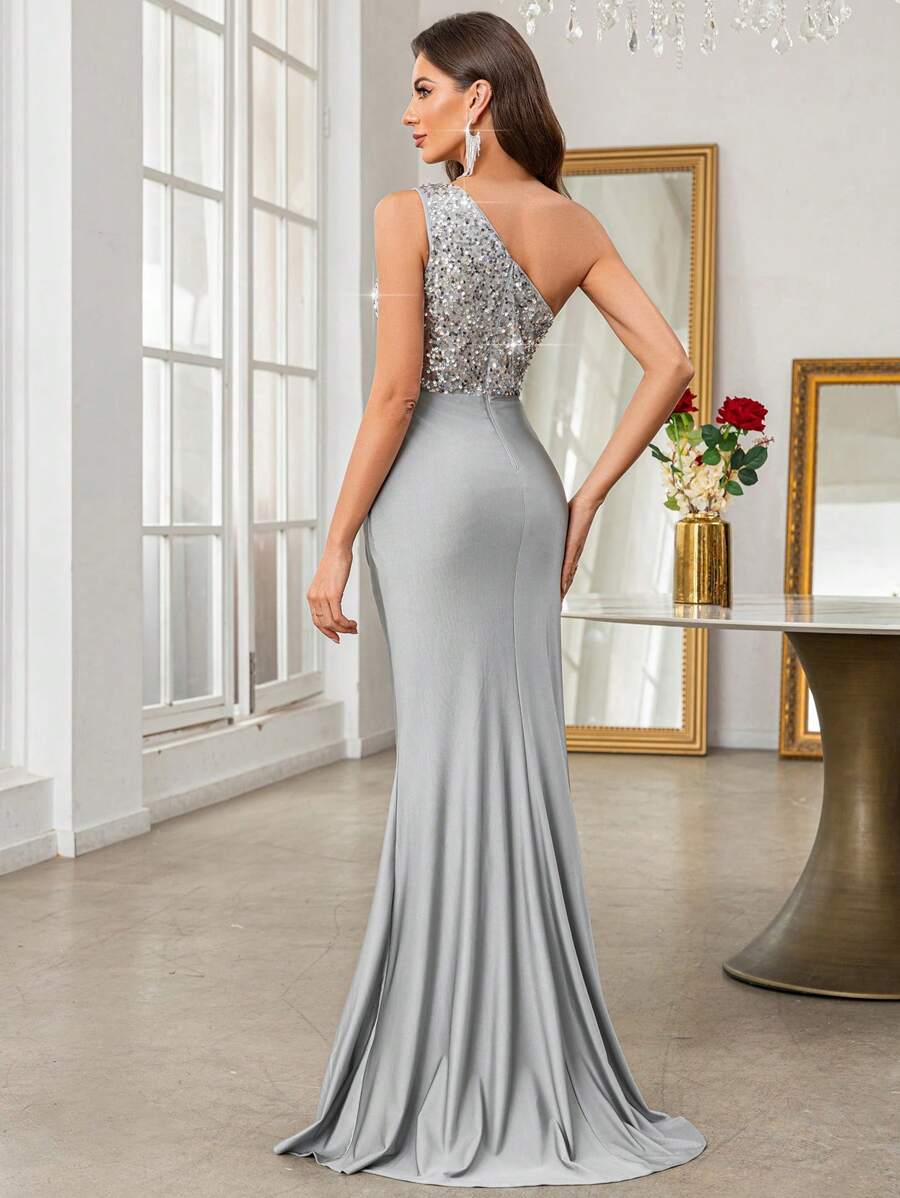 one-shoulder formal evening gown with asymmetric sequin bodice, smooth floor-length skirt, fitted mermaid column silhouette, ruched waist and hip, wrap front overlay and high thigh slit in multiple colors image 15
