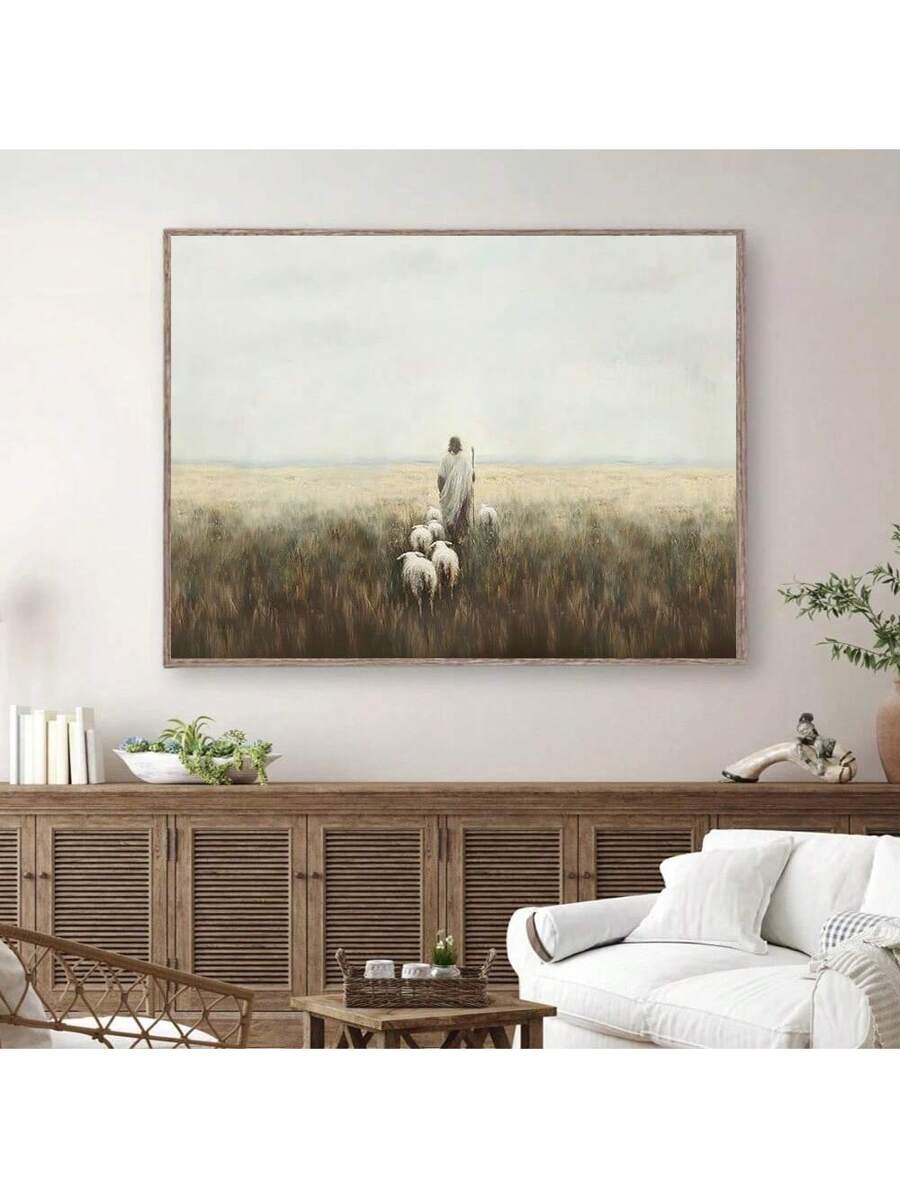 Rustic framed Jesus shepherd canvas wall art showing a robed figure and sheep in a muted grassland