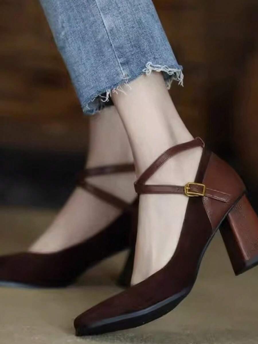 Ruched shaft view of Elegant Burgundy Square Toe High Heel Pumps for Women - Chic French Style with Thick Heel for punk motorcycle boot styling