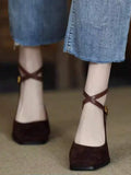 Slip-on view of Elegant Burgundy Square Toe High Heel Pumps for Women - Chic French Style with Thick Heel for punk motorcycle boot styling