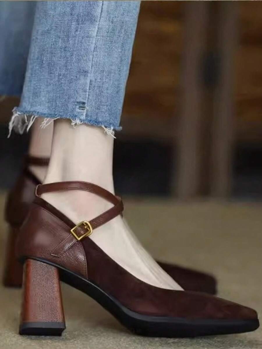 Color option view of Elegant Burgundy Square Toe High Heel Pumps for Women - Chic French Style with Thick Heel for punk motorcycle boot styling