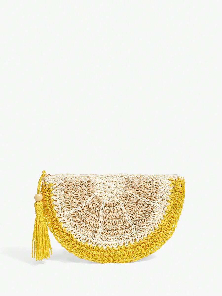 Side view of women's beach clutch bag with fruit-inspired design