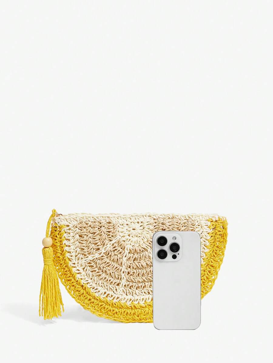 Front view of fruit-shaped straw clutch bag for summer vacations