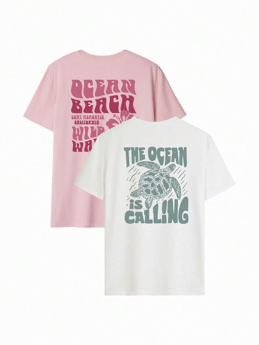 Beach lifestyle back view of two piece graphic T-shirt set with pink hibiscus tee and white ocean turtle tee