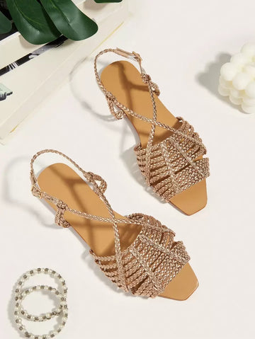 Boho Chic Faux Suede Braided Strap Flat Sandals with Flower Detail