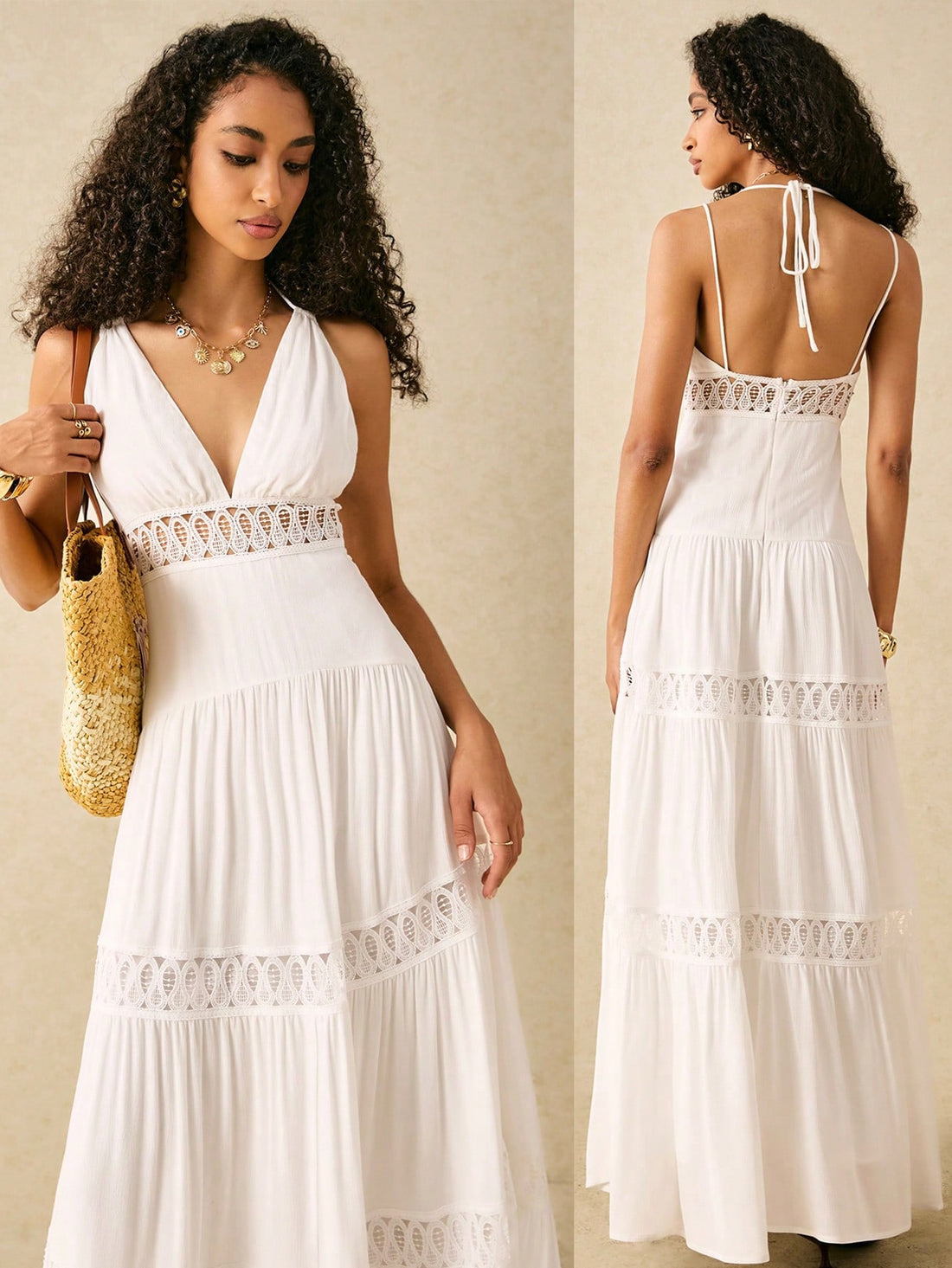 Channel your inner boho babe with our chic V-neck suspender dress adorned with a stunning hollow lace skirt. Perfect for your summer beach holidays, this dress effortlessly combines style and comfort for a carefree and playful look. Embrace your free spirit and rock this dress with confidence!